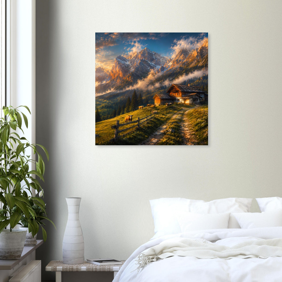 Quadratisches Wandposter: Almhütte im Tal, steile Alpen und Abendwolken