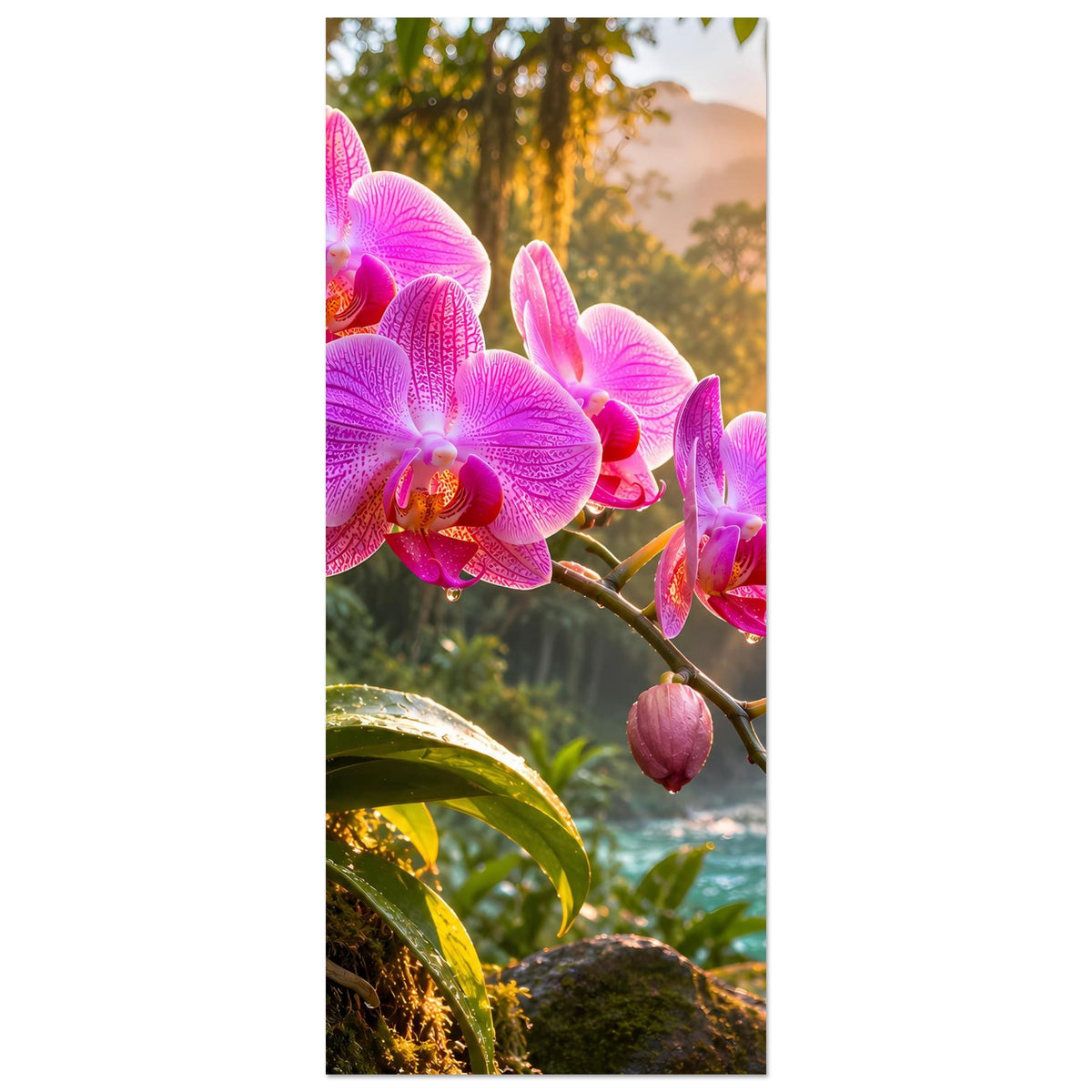 Vertikales Poster, Ausschnitt mit pinken Orchideenblüten an einem Ast