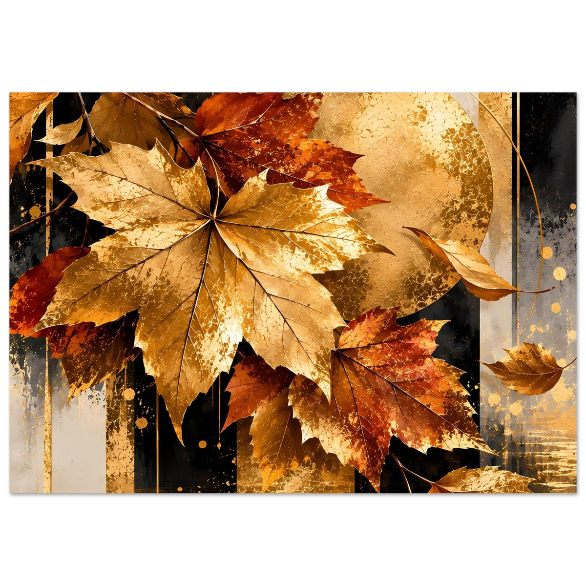Herbstposter im Querformat: goldene Ahornblätter vor abstrakter Herbstsonne
