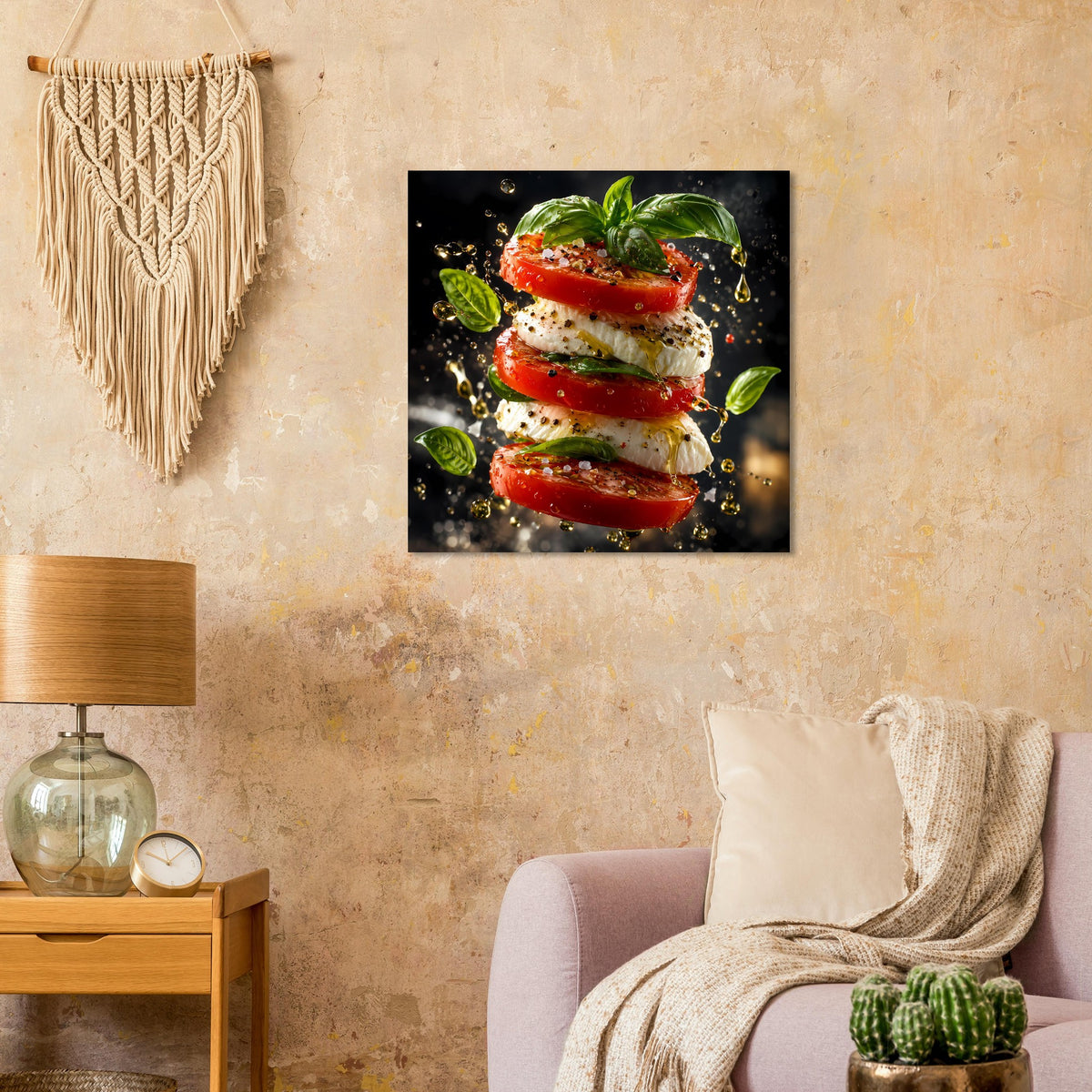 Küchenposter mit gestapelten Tomaten, Mozzarella und Basilikum im Dunkelmotiv