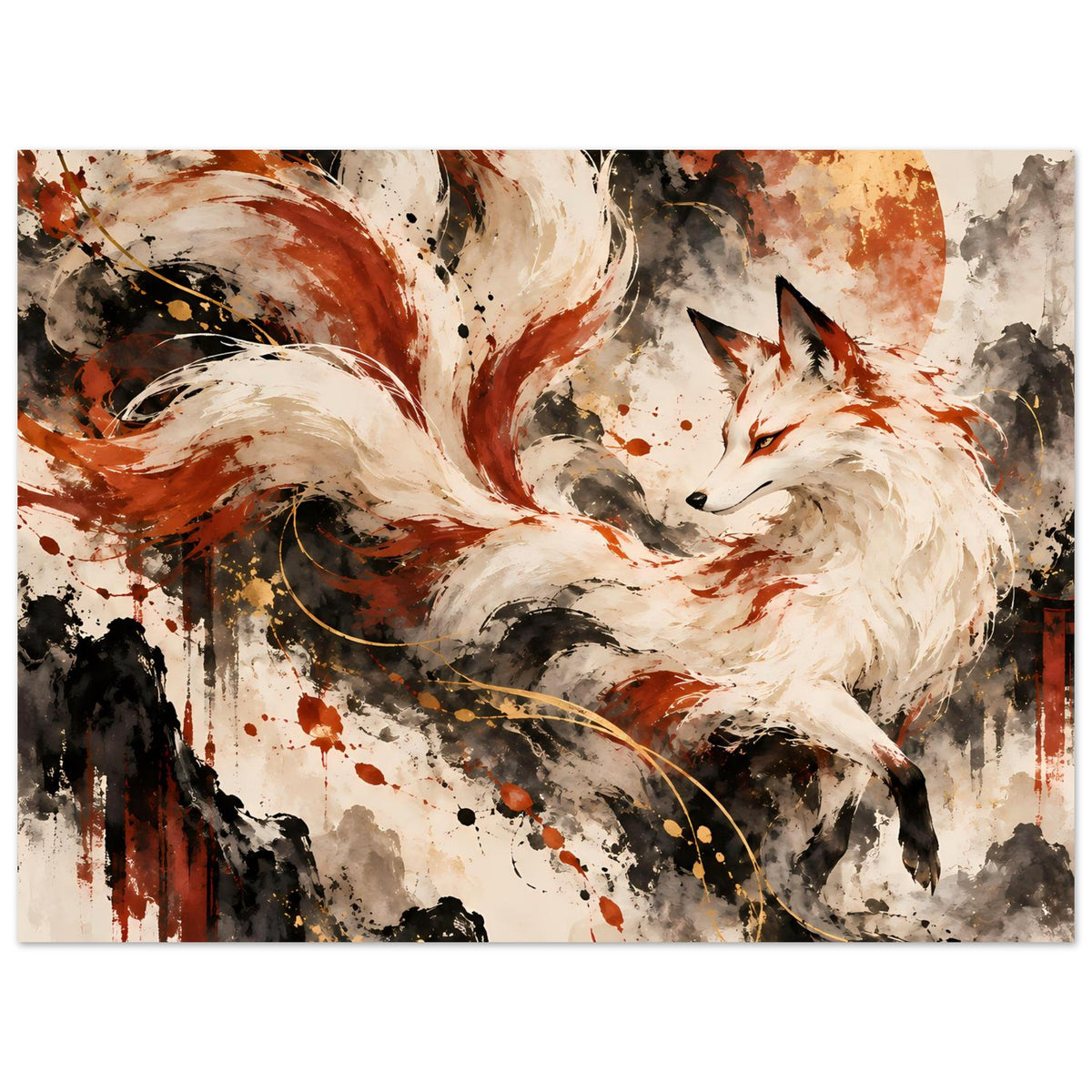 Fantasy-Poster, Fuchs mit ausgebreiteten Schweifen; weißes Fell, orangefarbene Akzente, Sprenkel