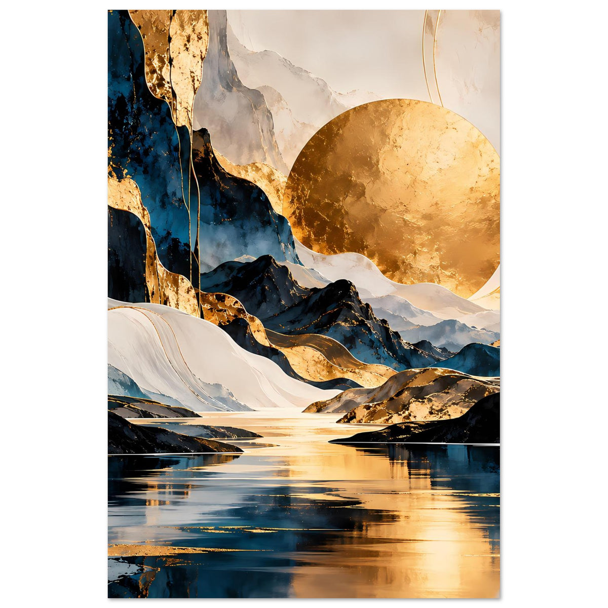 Kunstposter im Hochformat: abstrakte Berge, goldene Sonne und reflektierender Fluss