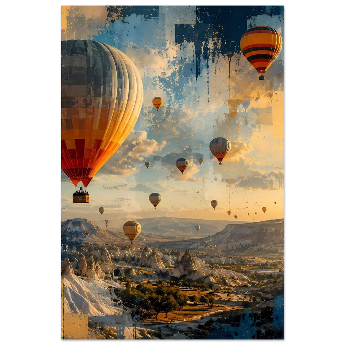 Posterdruck mit Heißluftballons über Berglandschaft, goldene und blaue Farbakzente
