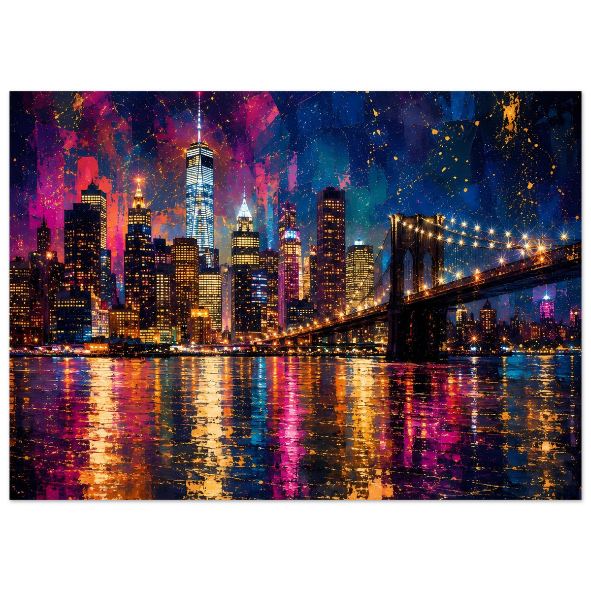 Neon-Stadtposter (Querformat) mit Skyline, leuchtenden Wolkenkratzern und Hängebrücke bei Nacht