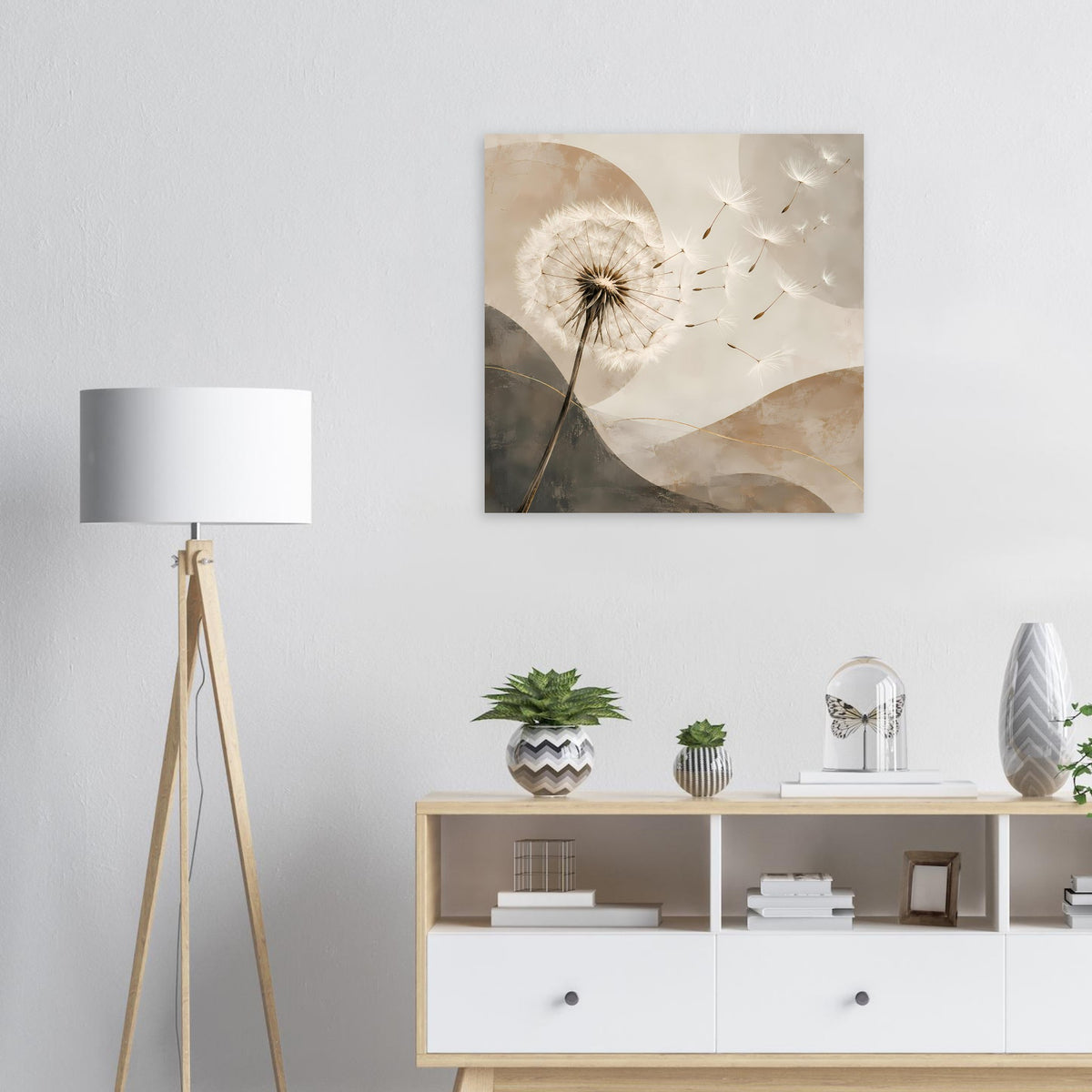 Quadratisches Wandposter mit Pusteblume, beige-grauer Farbverlauf