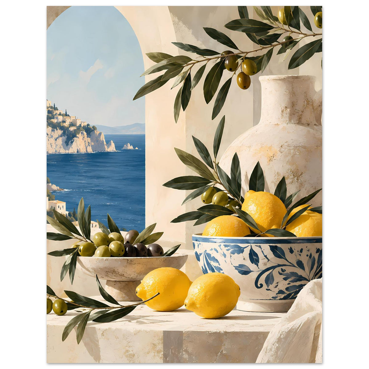 Mediterranes Poster im Hochformat mit Zitronen und Oliven, Keramikvase, Schale und Meer