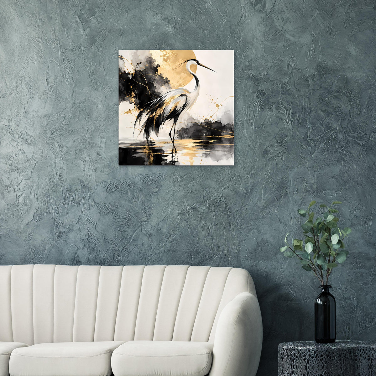 Vogelposter mit schwarzem Kranich und goldenen Sprenkeln, quadratisch gerahmt