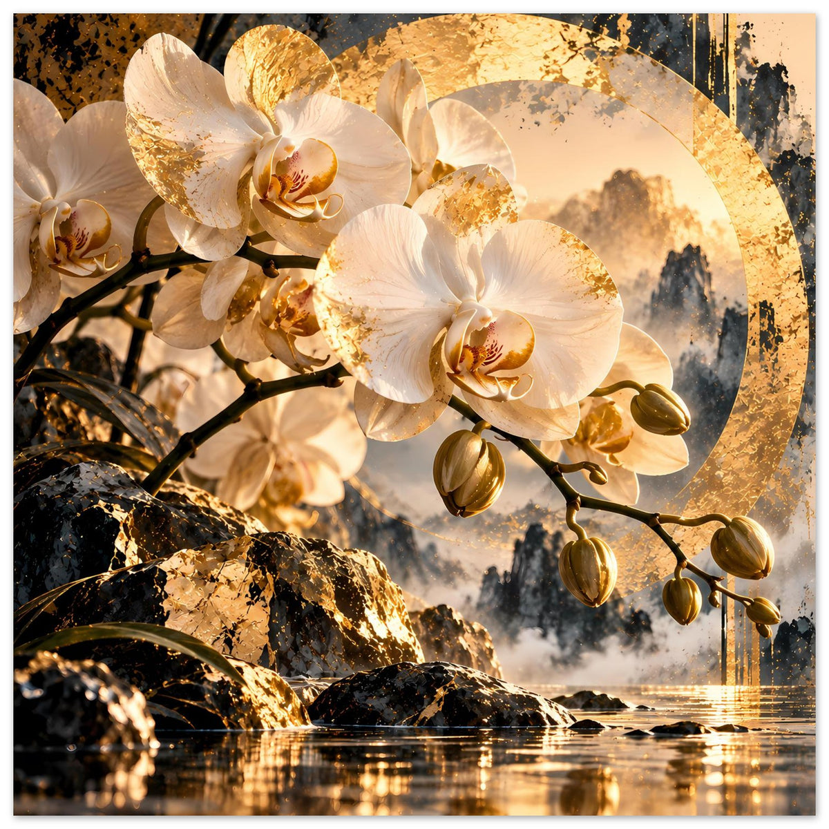 Orchideenposter mit weißen Blüten, goldenem Schimmerkreis, schwarzem Ast und Ufer