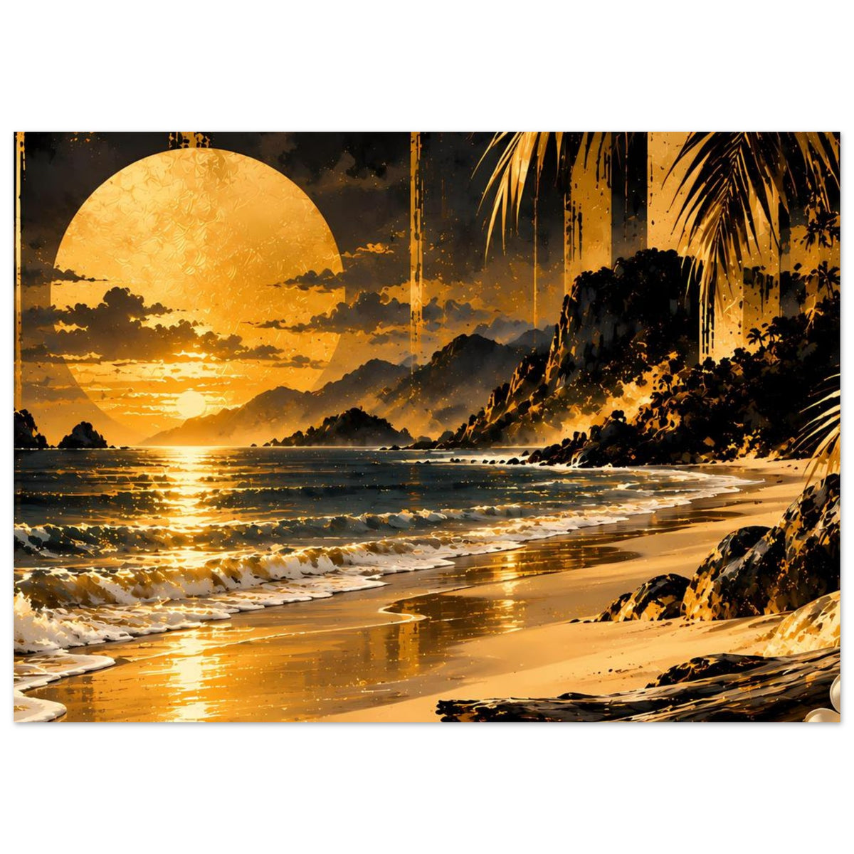 Kunstposter mit Sonnenuntergang am Strand: goldene Sonne, Wellen, Sanddüne und Palmen