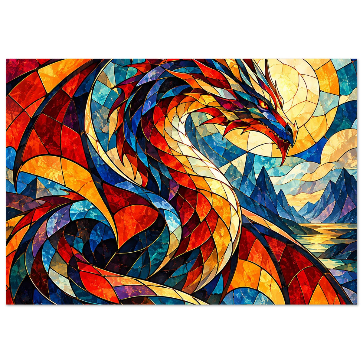 Querformat-Poster mit feurigem Drachen aus Glasmalerei, rote und blaue Flächen im Mosaik