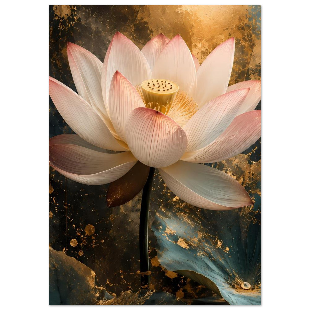 Lotusblüten-Poster: große Blüte mit goldener Mitte und creme-rosa Blütenblättern