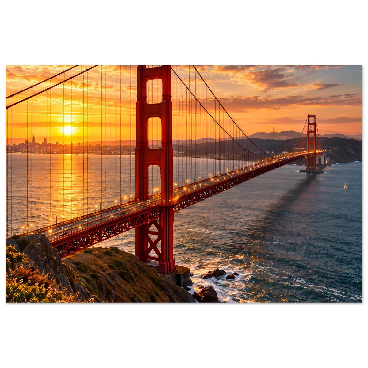 Querformat-Poster mit Golden Gate Bridge bei Sonnenuntergang, roter Turm und Meerblick