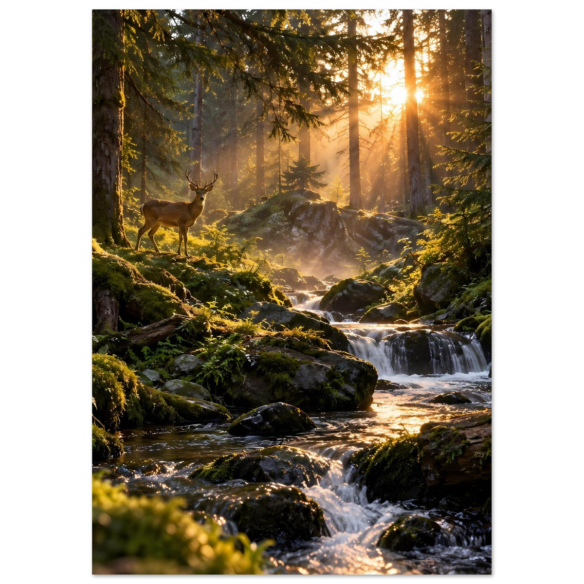 Vertikales Wandposter mit Wald-Sonnenaufgang, Bachlauf und Hirsch zwischen Bäumen