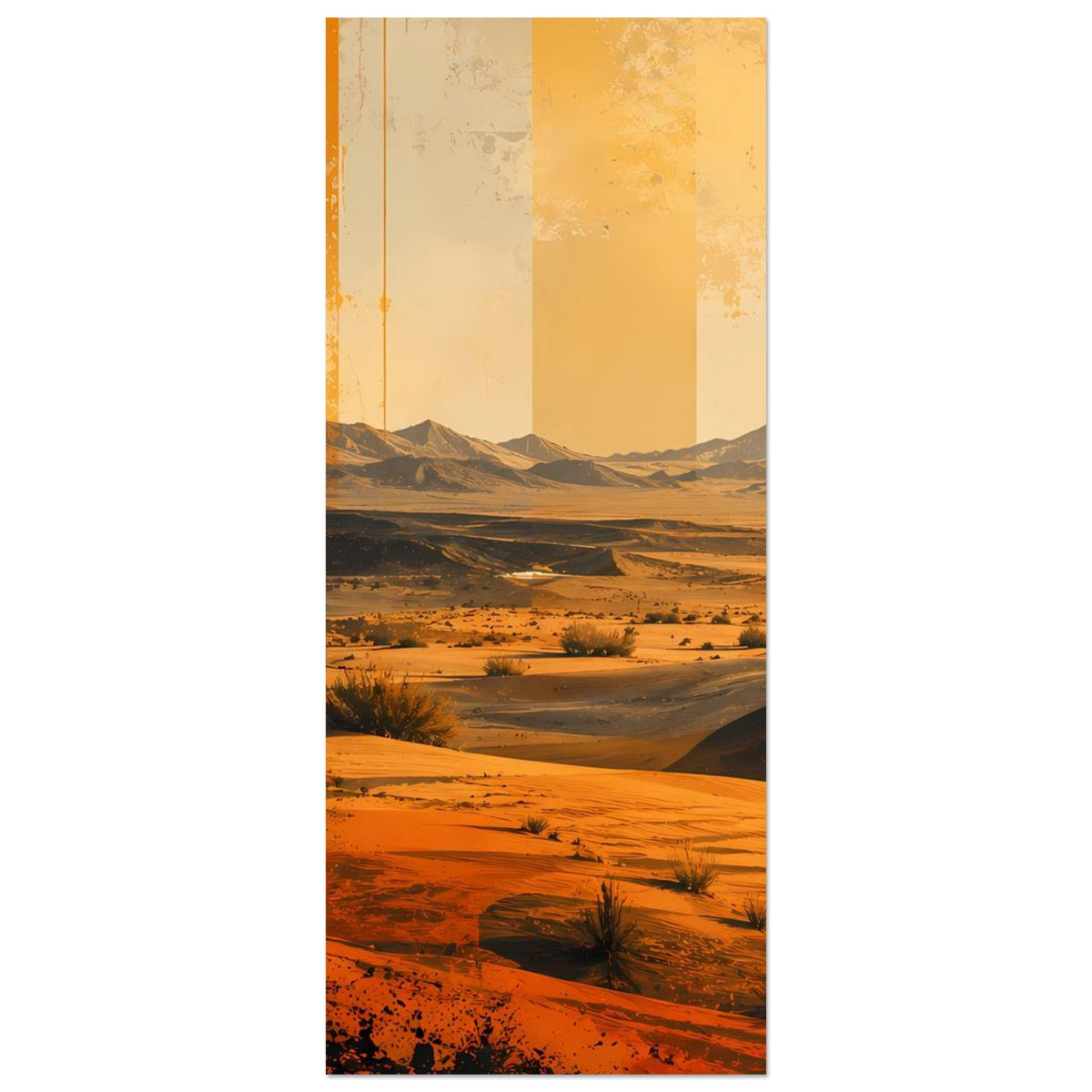 Vertikales Wüstenposter mit Dünen, Kakteen und orangefarbener Kreis-Sonne