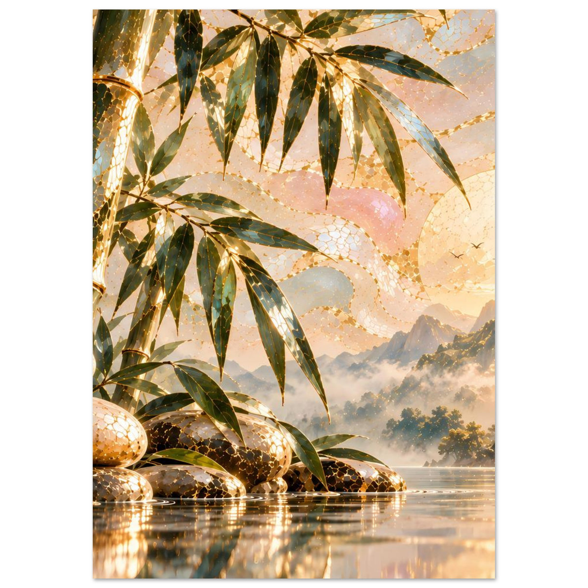 Zen-Wasserfall-Poster: Bambuslaub, glitzernde Steine, Wasserlauf bis zum Spiegelbild