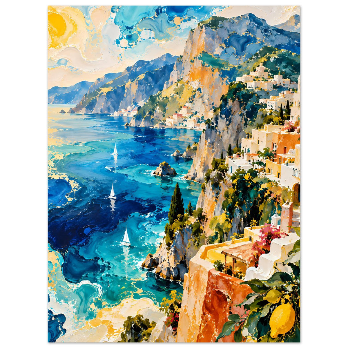 Landschaftsposter mit Blick auf Küste: blaues Meer, Felswand, weiß-gelbe Wohngebäude