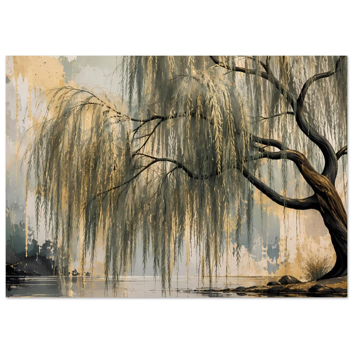 Poster mit Weidenbaumlandschaft, Spiegelung im Wasser, warme Goldtöne und gedämpftes Blau