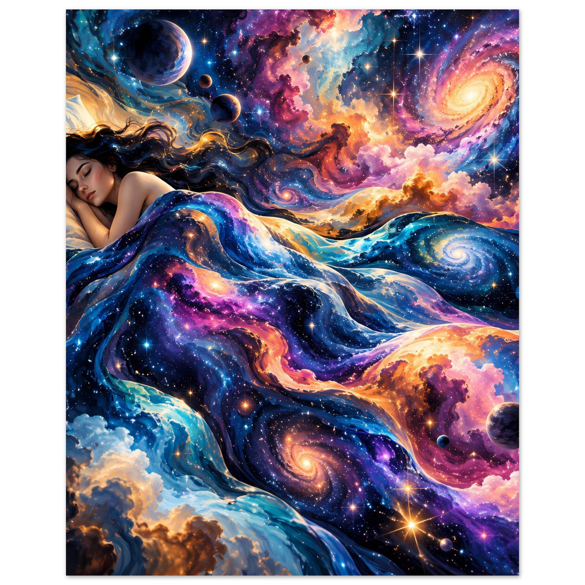Galaxie-Wandposter im Hochformat mit liegender Frau, leuchtenden Galaxien und Planeten