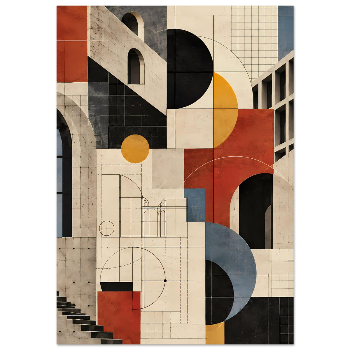 Kunstposter mit geometrischer Architektur, Schwarzformen, Kreisbögen und Raster in Beige