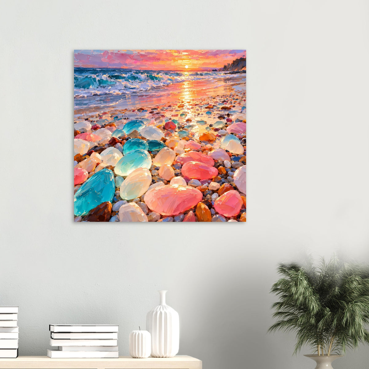 Quadratisches Poster mit Sonnenuntergang am Strand und bunten, glatten Kieselsteinen