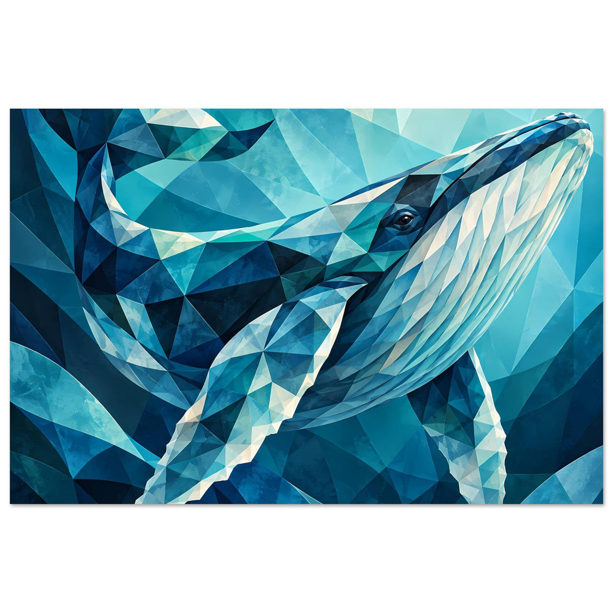 Geometrisches Blauwal-Poster Querformat mit polygonalem Meerblau-Motiv, klarer Flosse