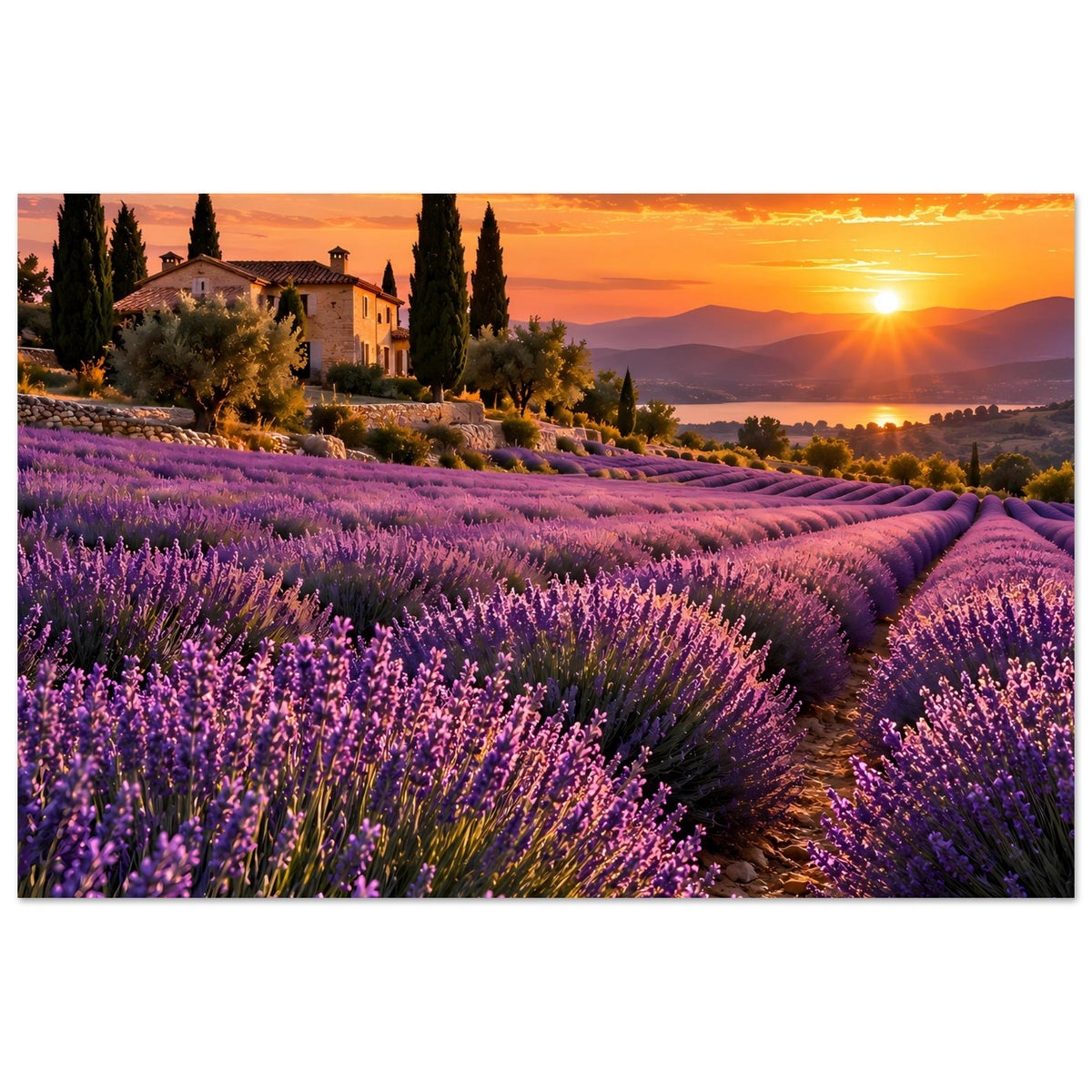 Horizontales Poster mit violettem Lavendelfeld, Abendhimmel mit Sonnenstrahlen und Pfad