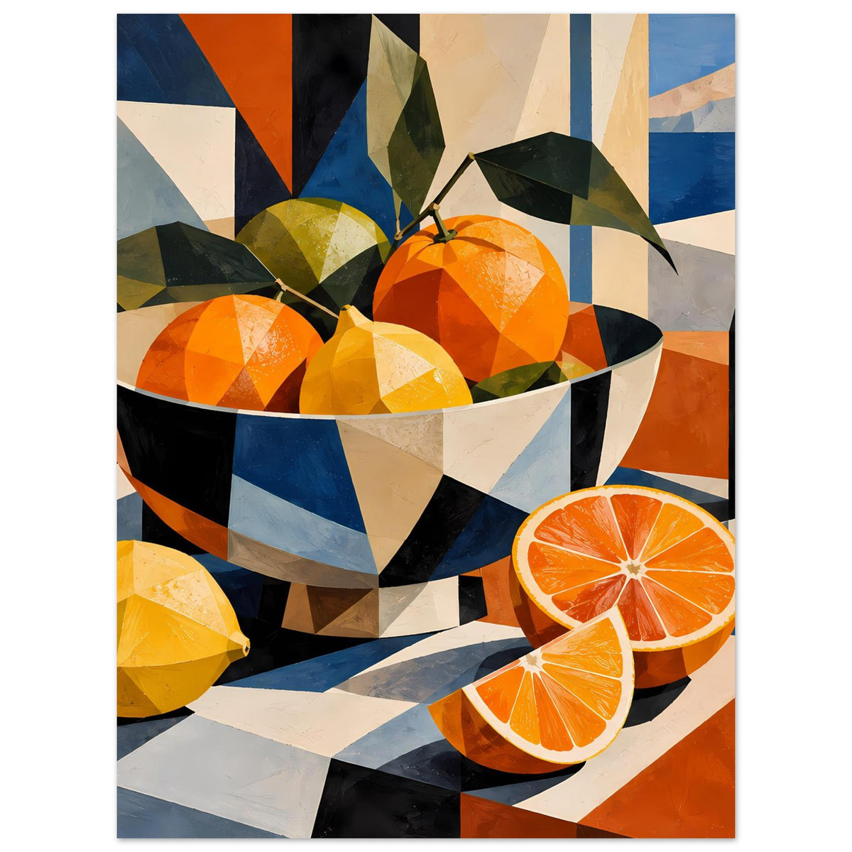 Kubistisches Poster mit Obstschale voller Orangen und orangefarbenen Fruchtscheiben, Blattzweig