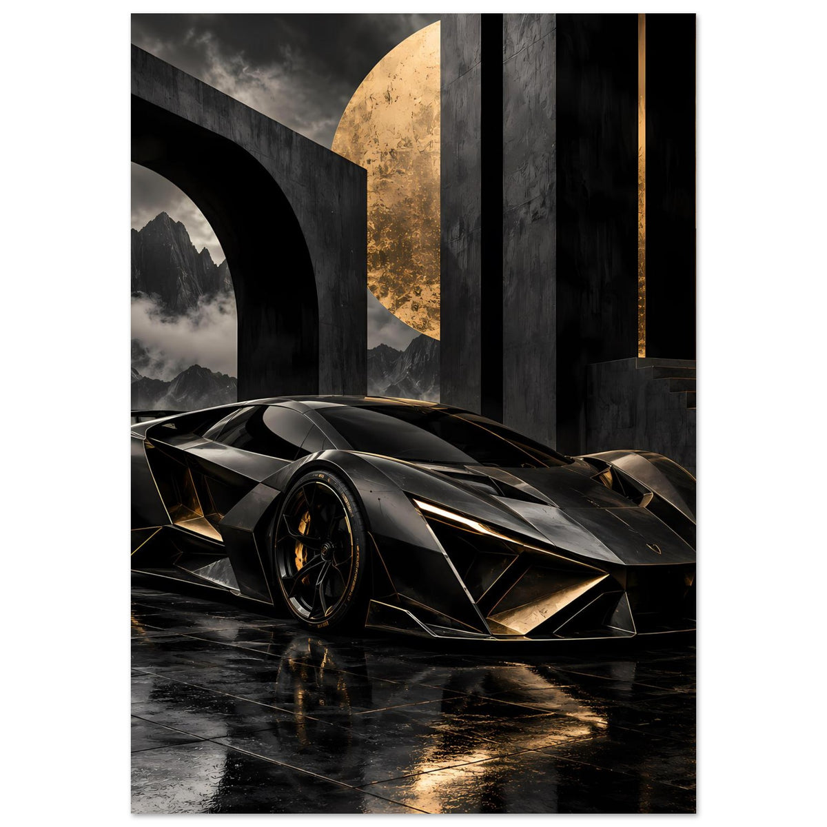 Autoposter mit futuristischem Supersportwagen in Schwarz mit goldenen Akzenten, schräg vorn