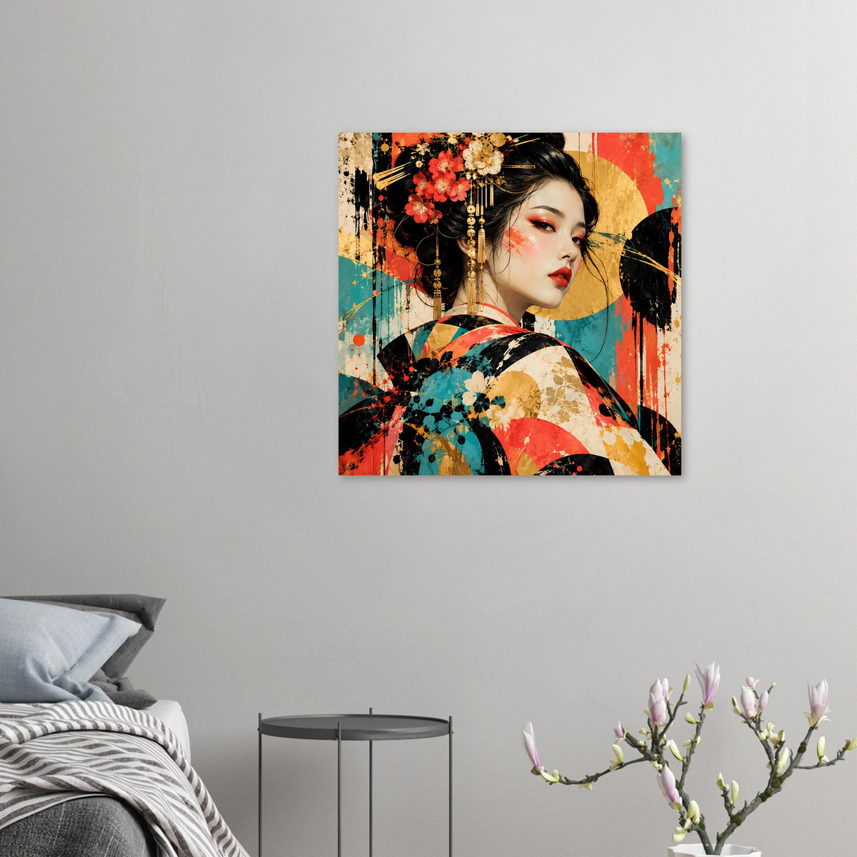 Geisha-Kunstposter klein gerahmt: ruhiges Porträt, bunte Farbflecken und gemusterter Kimono