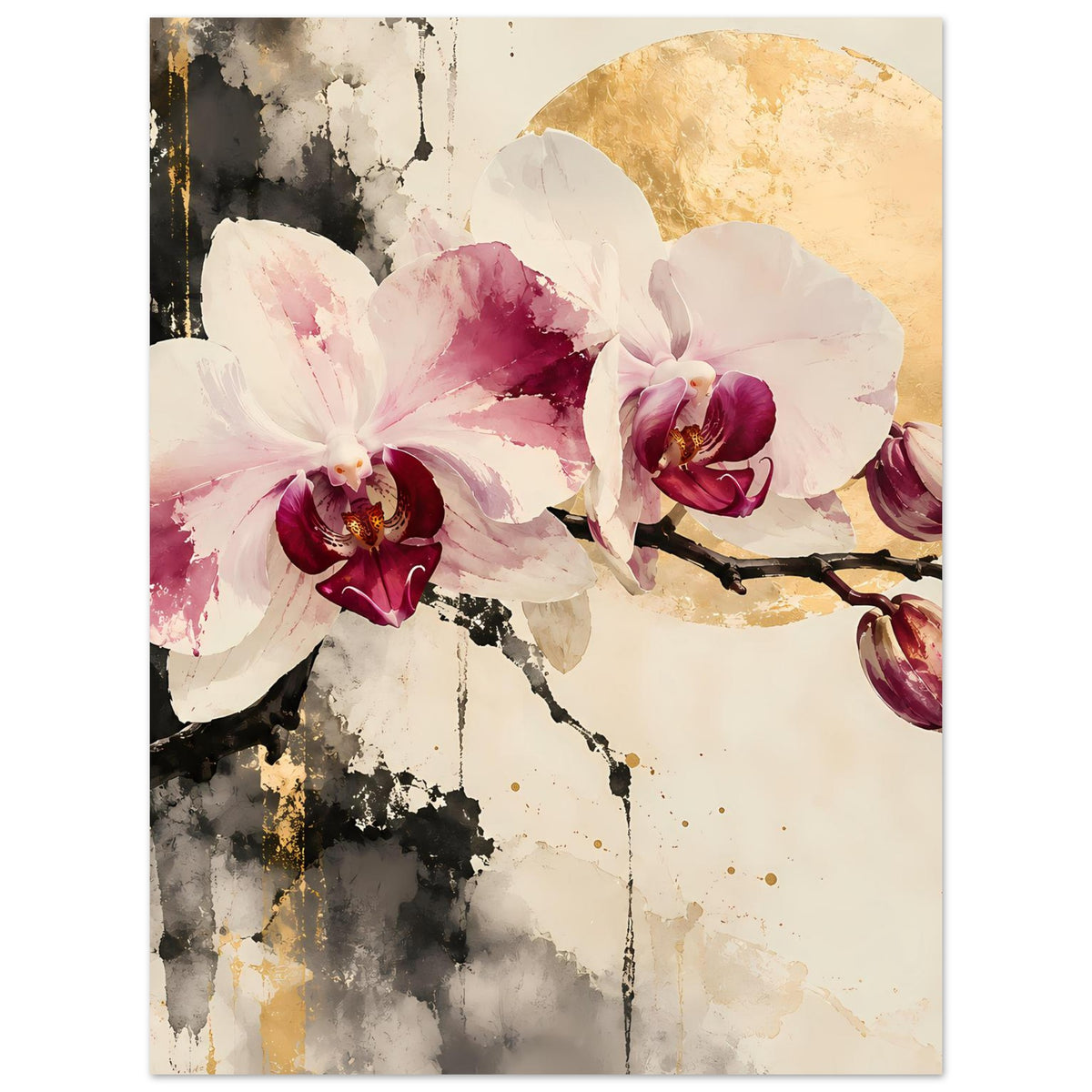 Orchideenblüten-Poster mit goldenen Akzenten, vertikal
