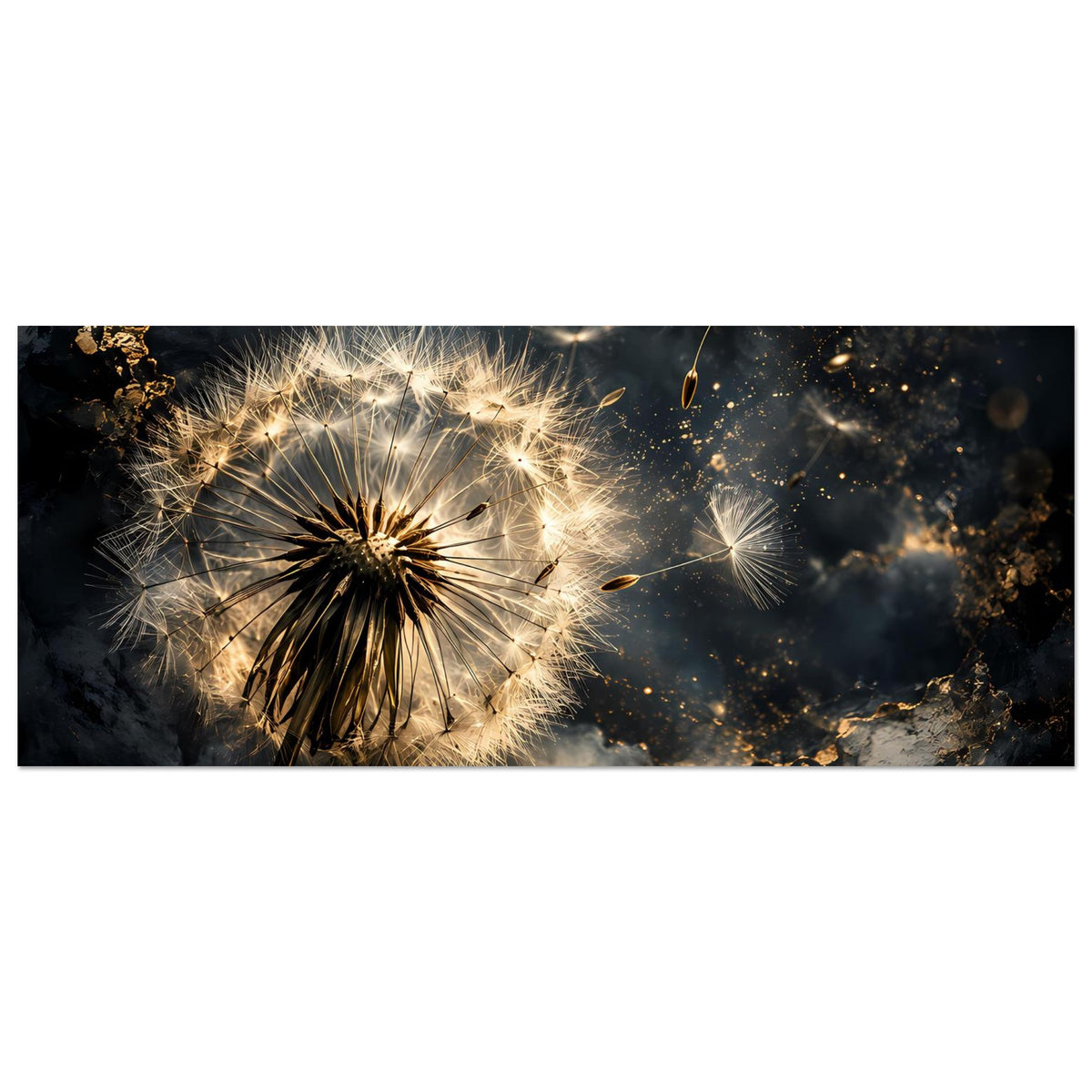 Panorama-Poster: goldene Löwenzahnblüte mit leuchtenden Samen auf dunklem Hintergrund
