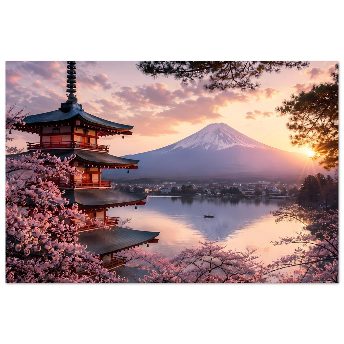 Querformat-Poster mit Pagode am Ufer, Kirschblüten und Berg Fuji vor Sonnenuntergangshimmel