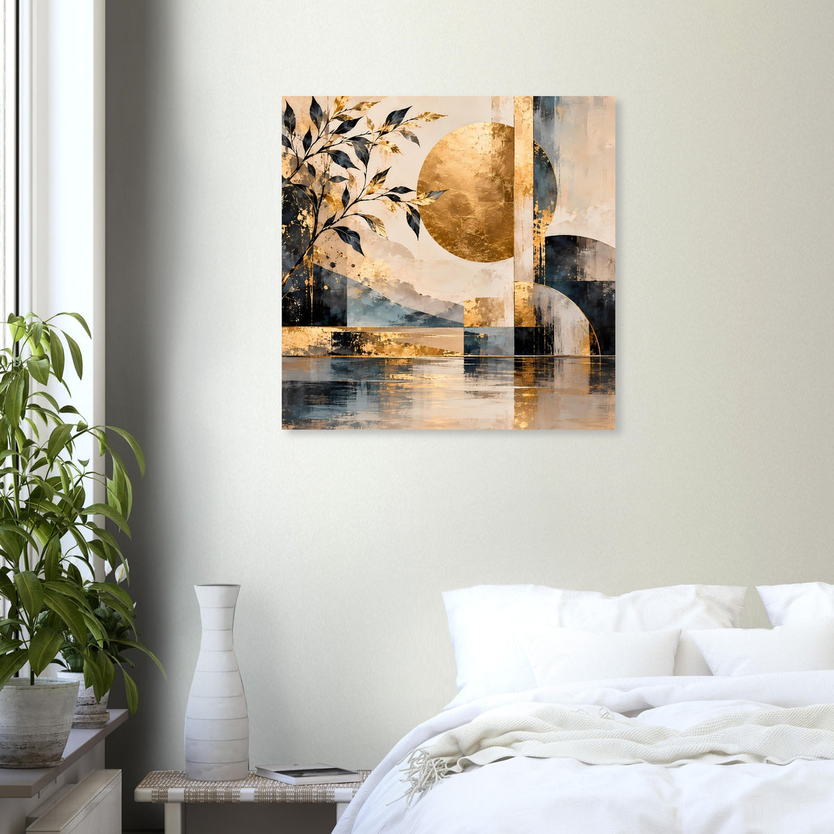 Abstraktes Kunstposter mit goldenem Vollmond, dunklen Streifen und blauem Wasserband.