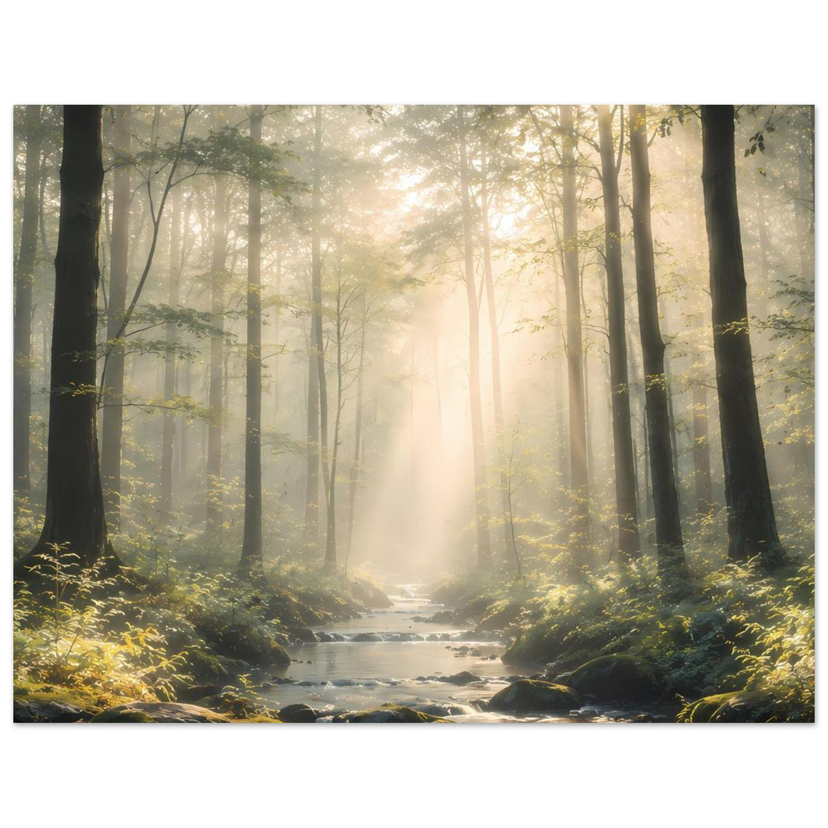 Naturposter: Waldwegartiger Bach, Lichtstrahlen im Hintergrund, weicher Nebeleffekt