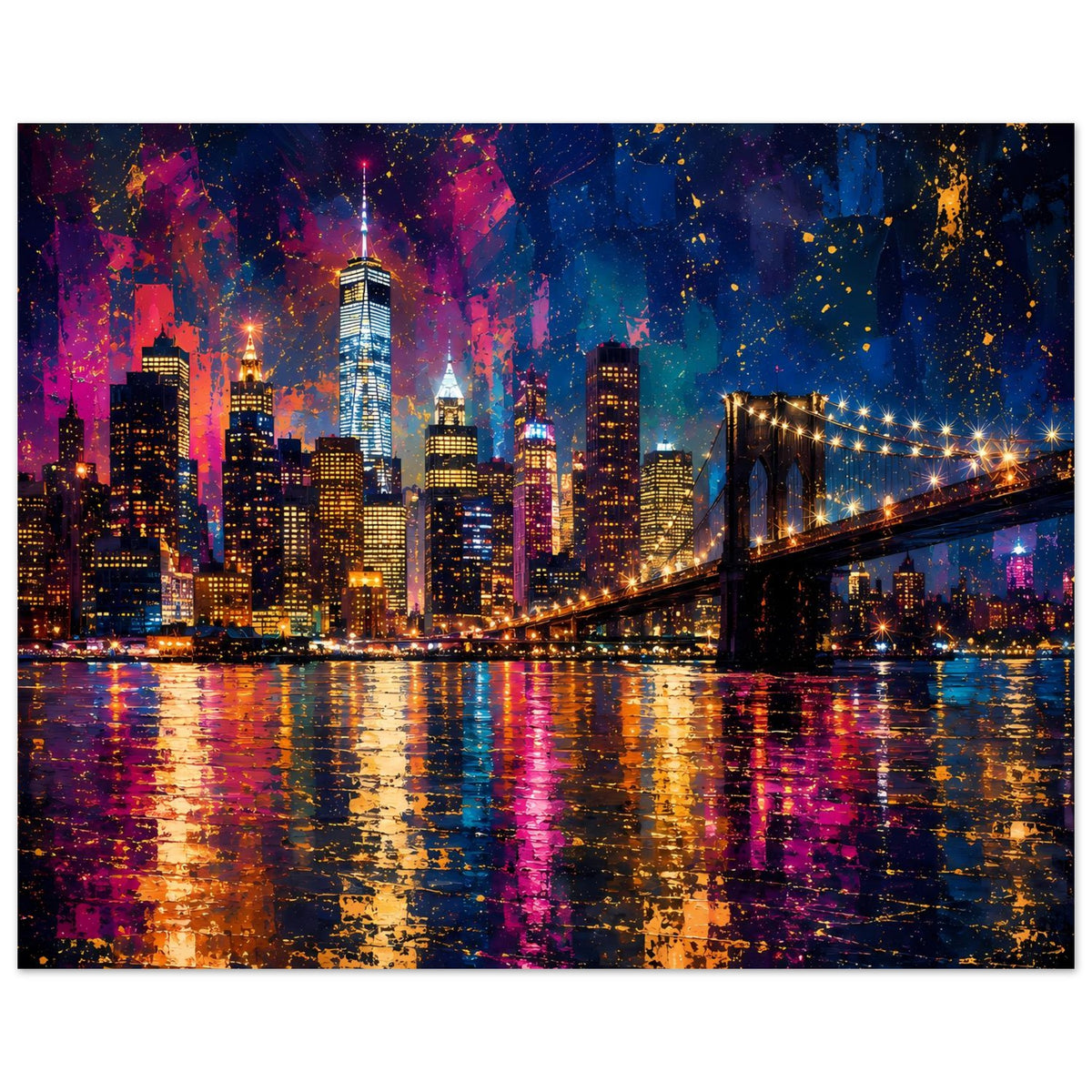 Abstraktes Stadtposter im Querformat: Nacht-Skyline mit Hängebrücke, leuchtende Gebäude im Wasser