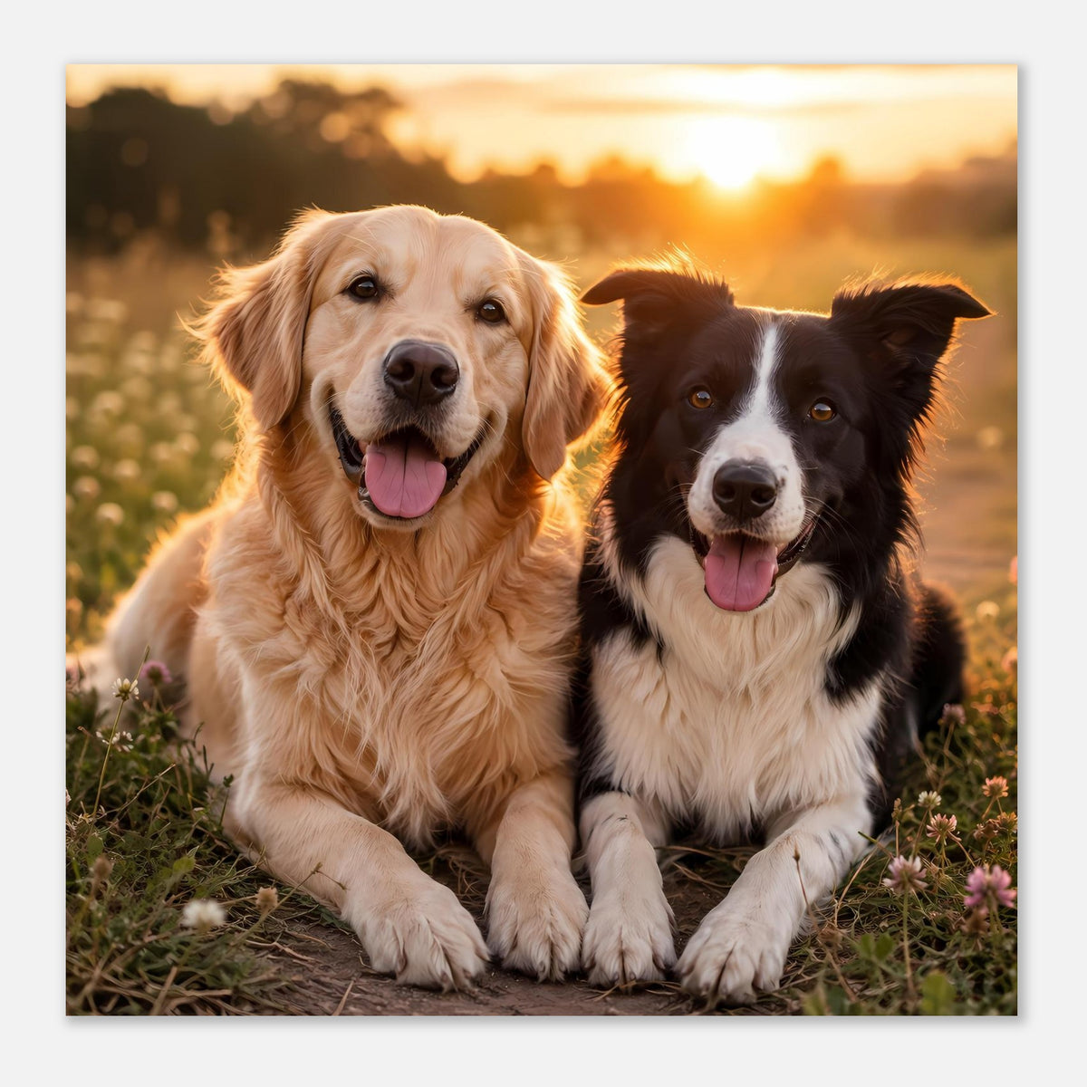 Poster mit zwei Hunden, golden und schwarz-weiß, sitzt vorn, beide mit offener Zunge