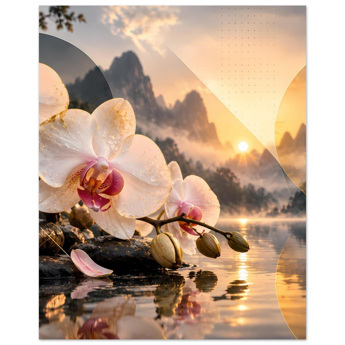 Blumenposter mit weißen Orchideenblüten, goldener Sonne und Bergkulisse im Nebel