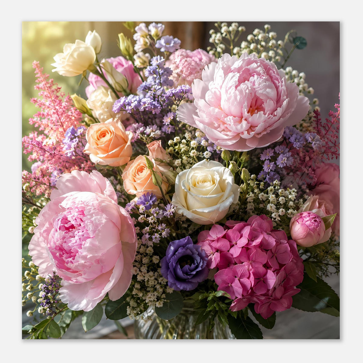 Blumenstrauß-Poster: große rosa Pfingstrosen, violette Hortensien und orange/weiße Rosen