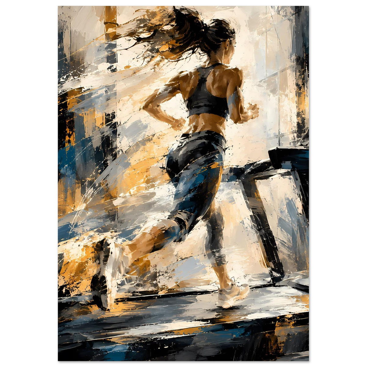 Vertikales Lauf-Poster mit abstrakter Runner-Figur, dunkle Blau-Schwarz-Töne und Orange