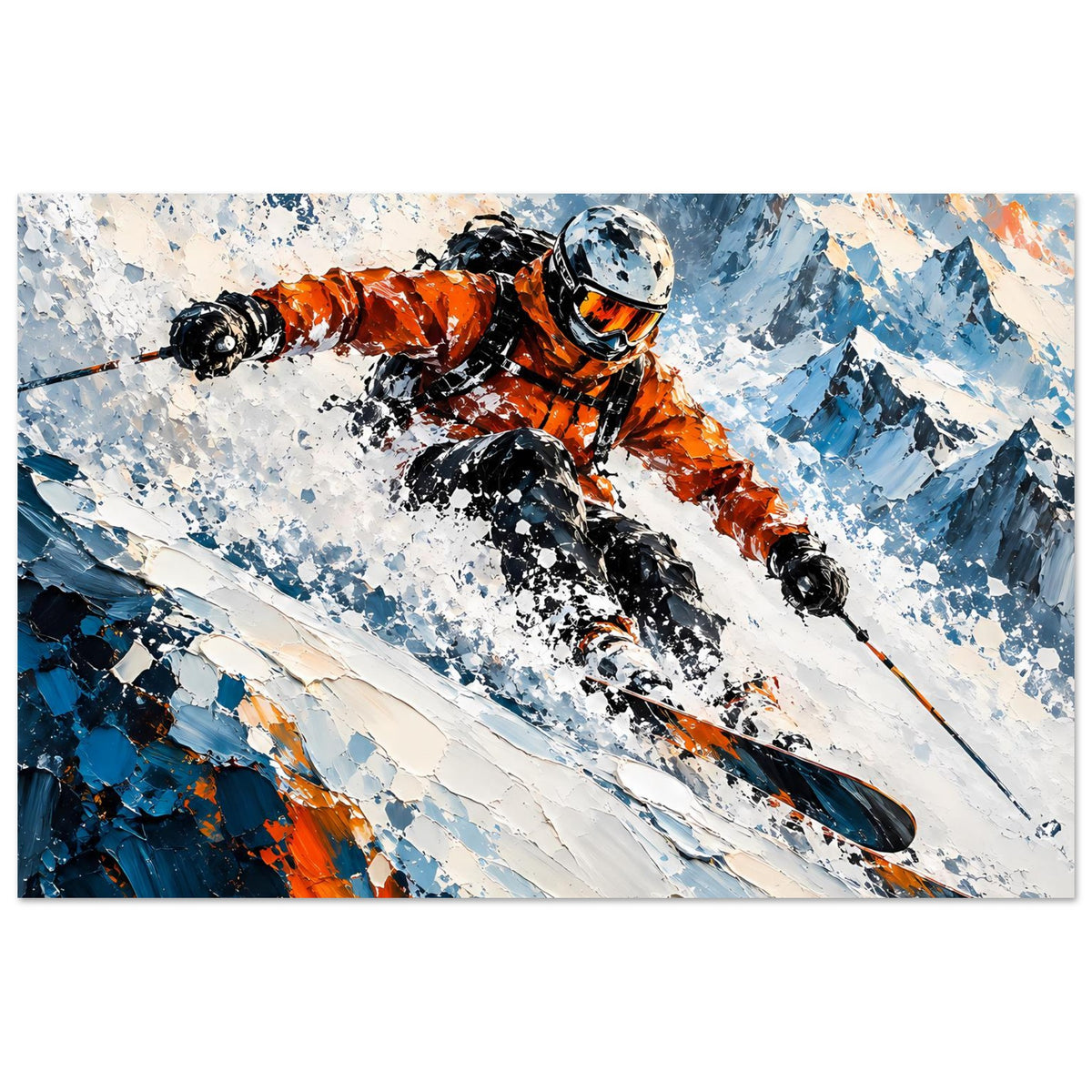 Wintersport-Poster mit Skifahrer in Orange und Blau, dynamische Abfahrt im Schneemotiv