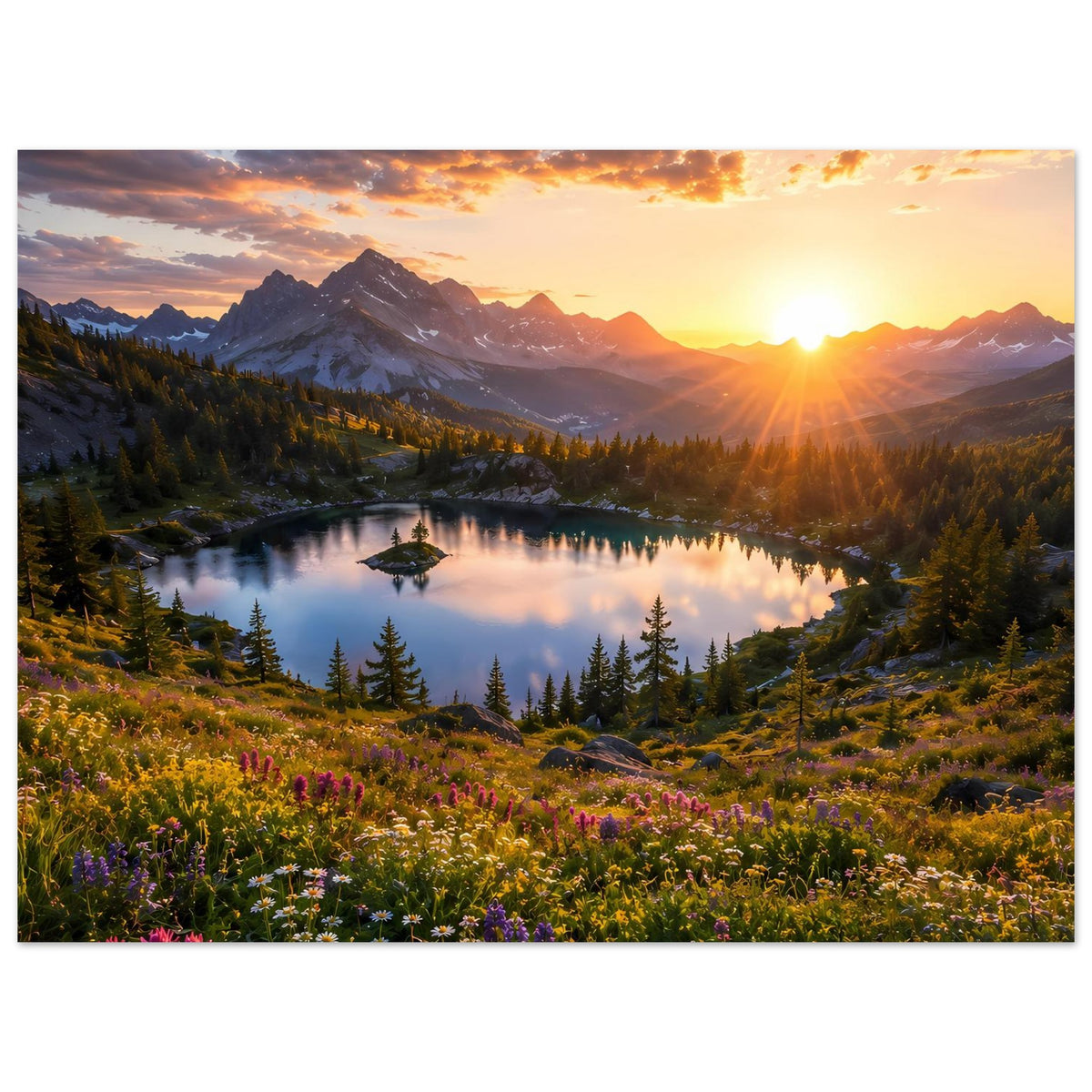 Horizontales Poster: Sonnenuntergang über Bergsee, Blumenwiese und Nadelbäume am Ufer
