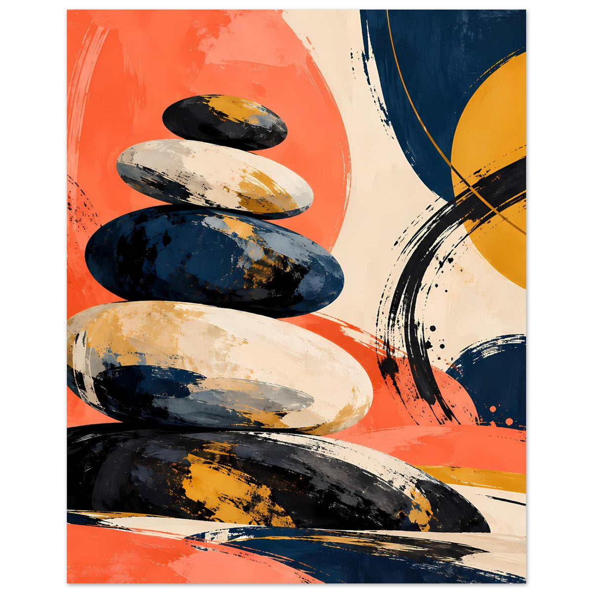 Poster mit Zen-Steinstapel und abstrakten Pinselstrichen in Orange, Dunkelblau und Beige