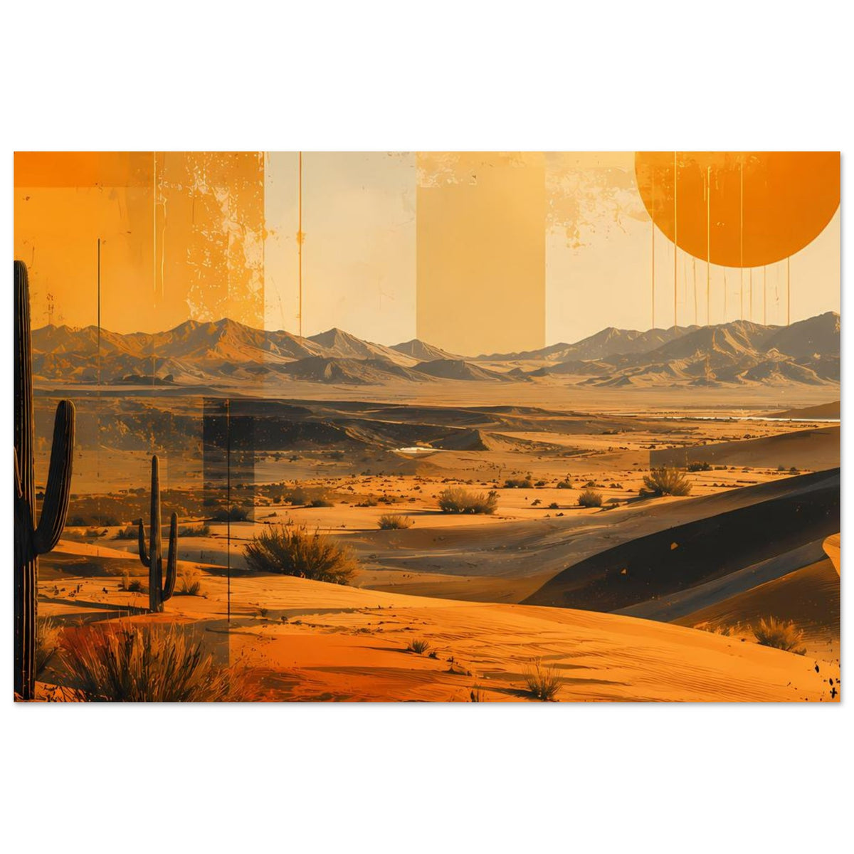 Retro-Wüstenposter: Kakteen, Sanddünen und orange Sonne