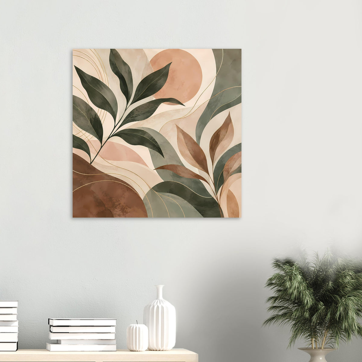 Kunstposter mit abstrakten Blättern und Naturformen in sanften Erdtönen