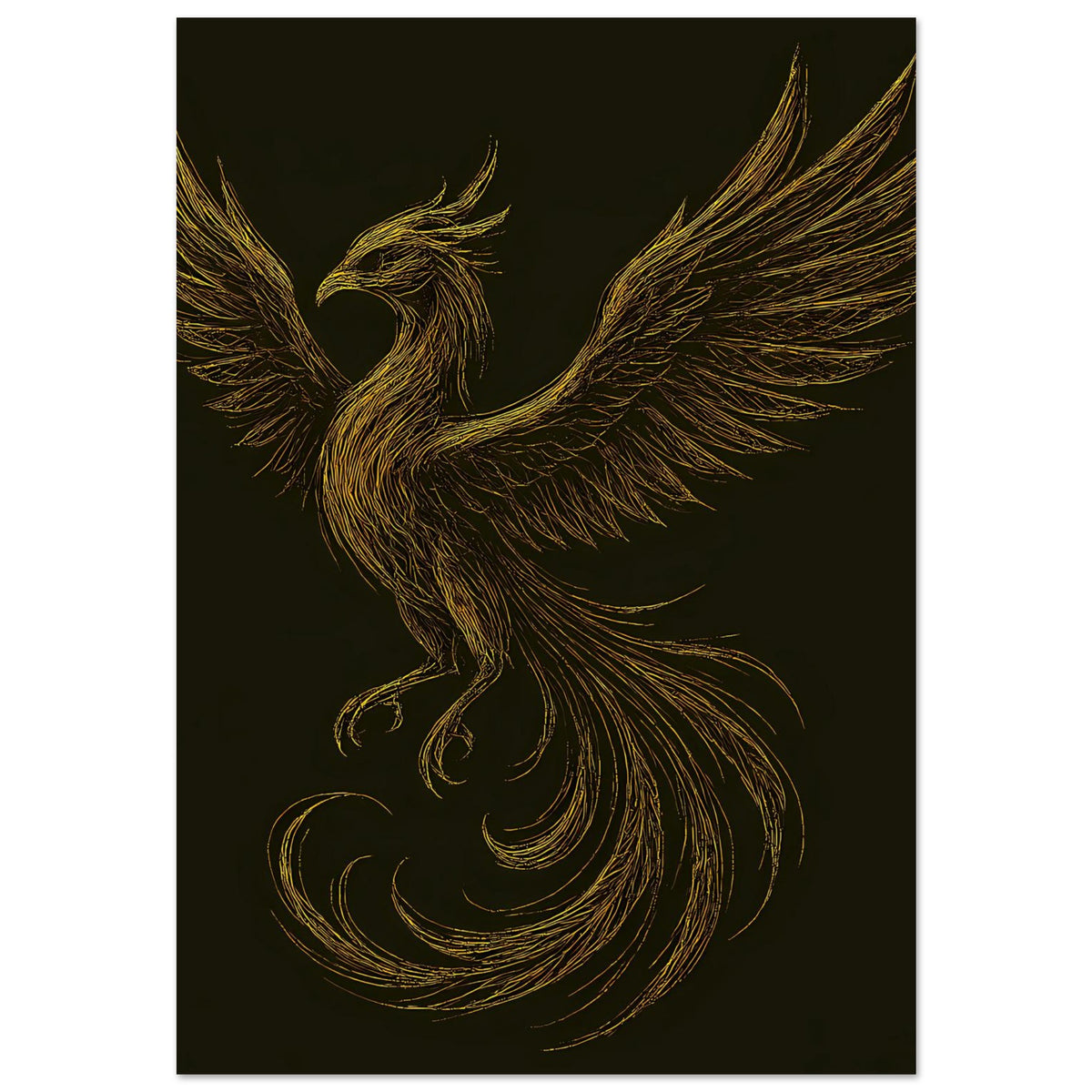 Poster mit goldener Phönix-Figur und langem Schweif, ausgebreitete Schwingen