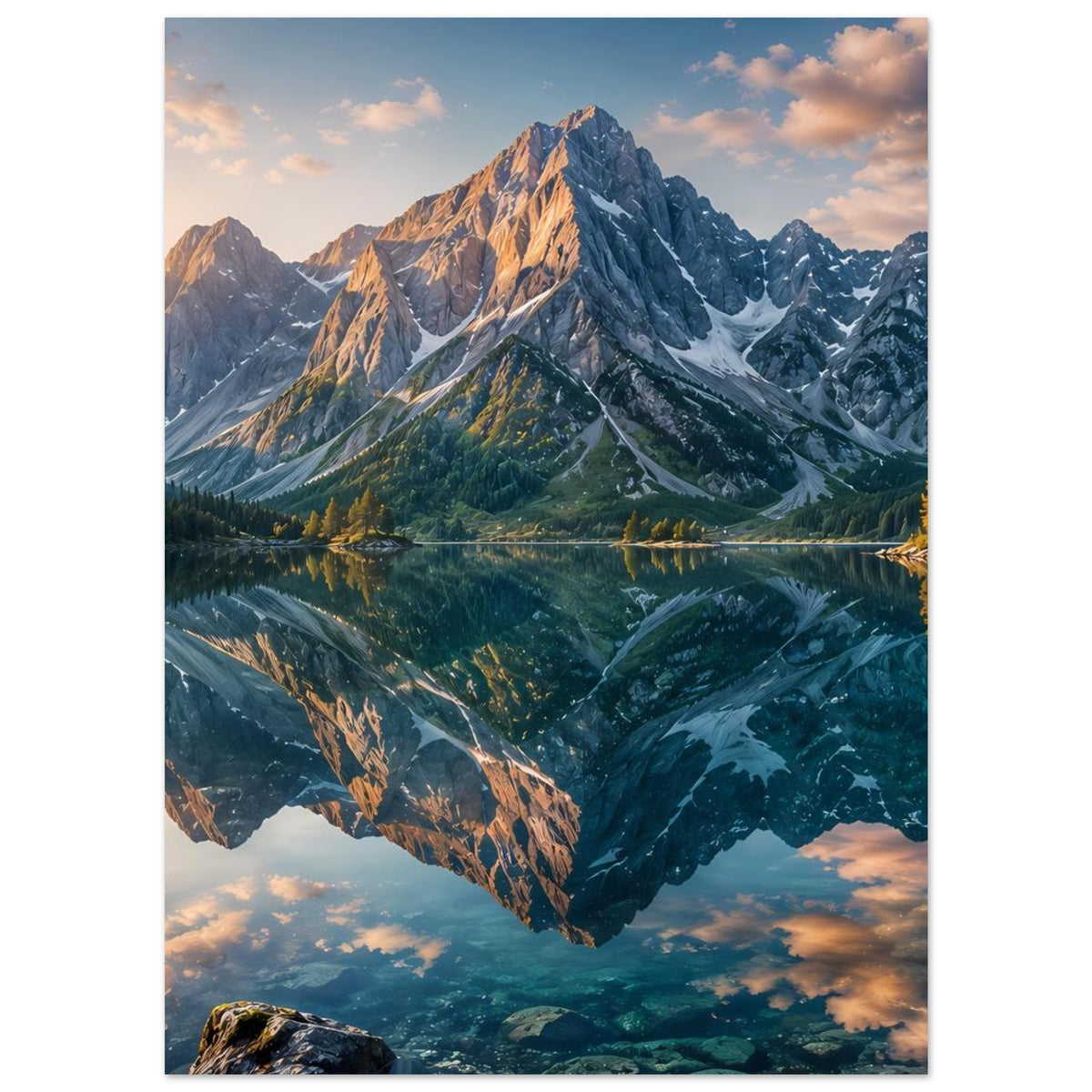 Poster mit Gebirgslandschaft und spiegelndem See, Hochformat, Reflexion im Wasser