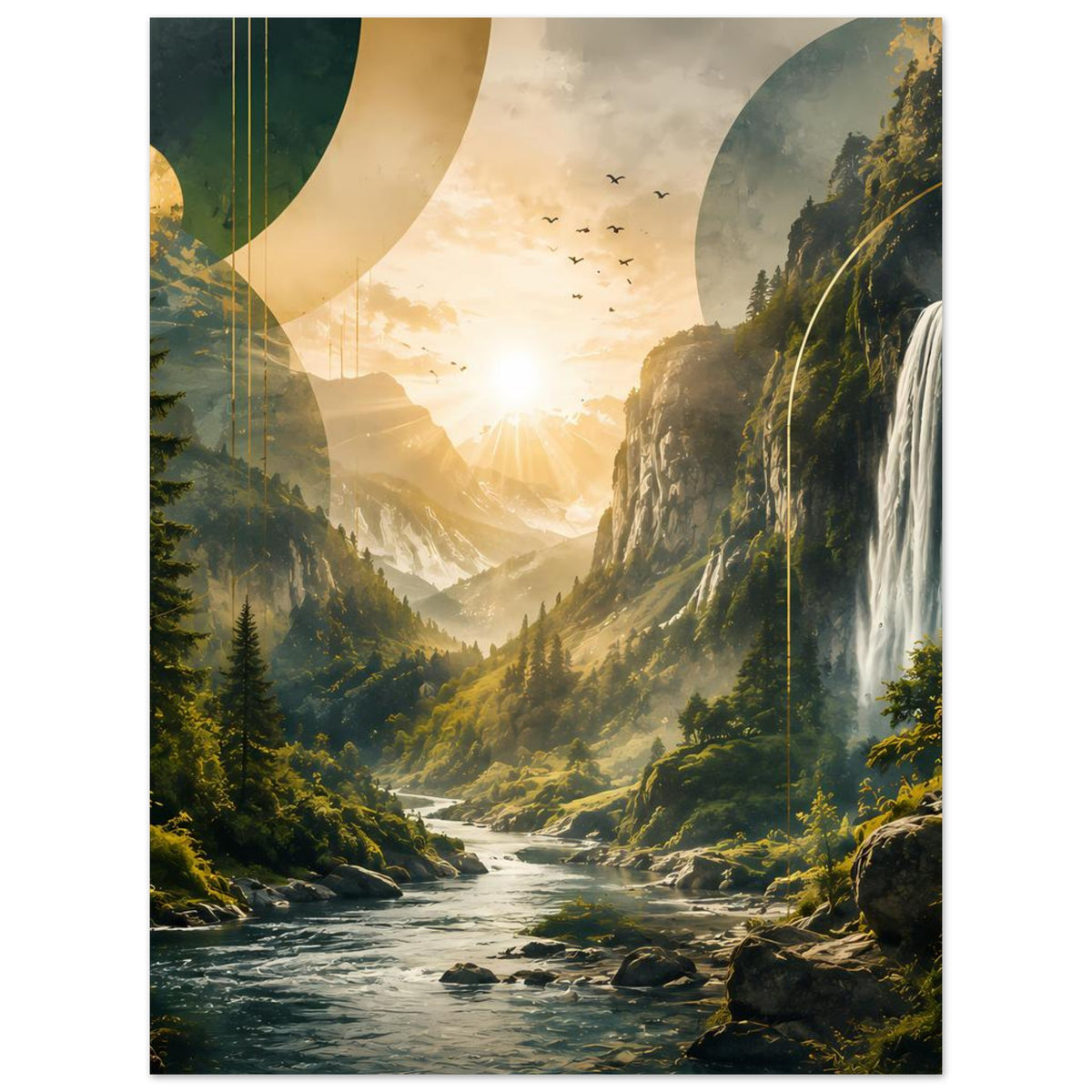 Landschaftsposter mit Wasserfall rechts, Schlucht, Fluss und Sonnenaufgang, vertikal