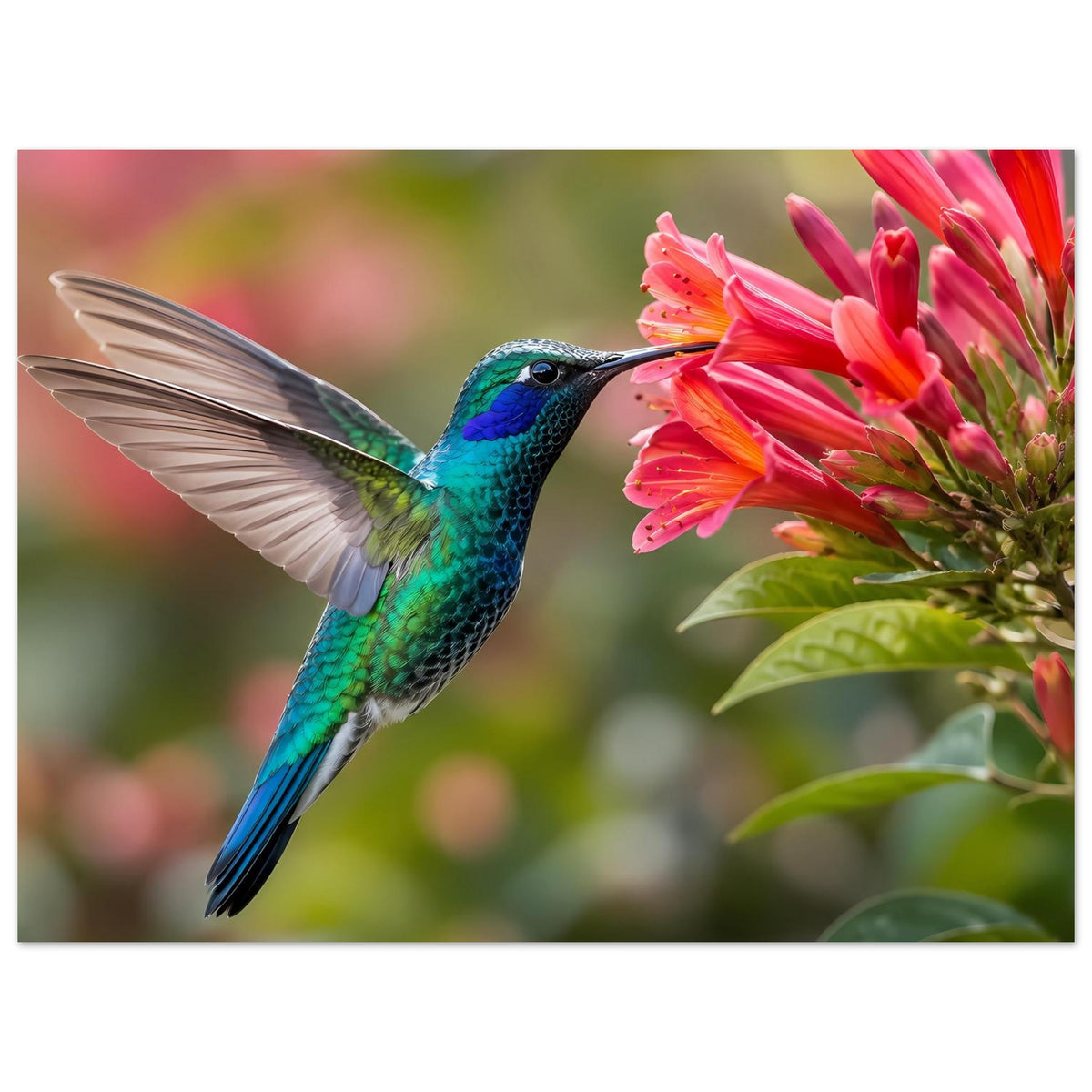 Naturposter mit türkisgrünem Kolibri und rosa Blüten, Kopf zur Blüte gedreht