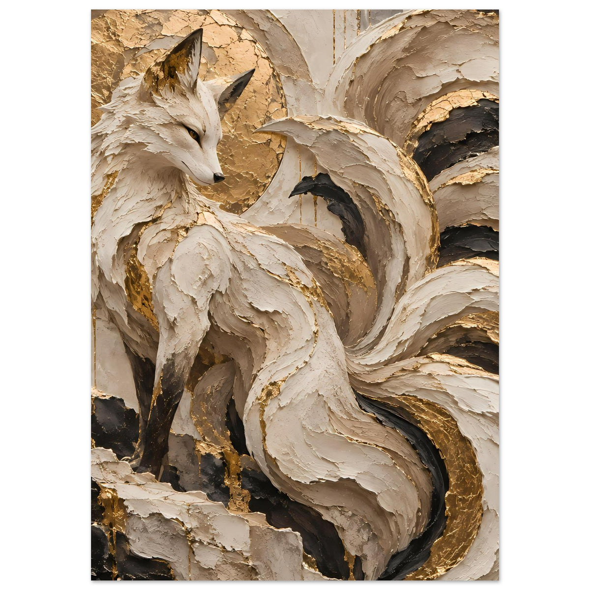 Kunstposter mit Fuchs und Marmoreffekt, goldene Akzente, beige und dunkle Farbflächen