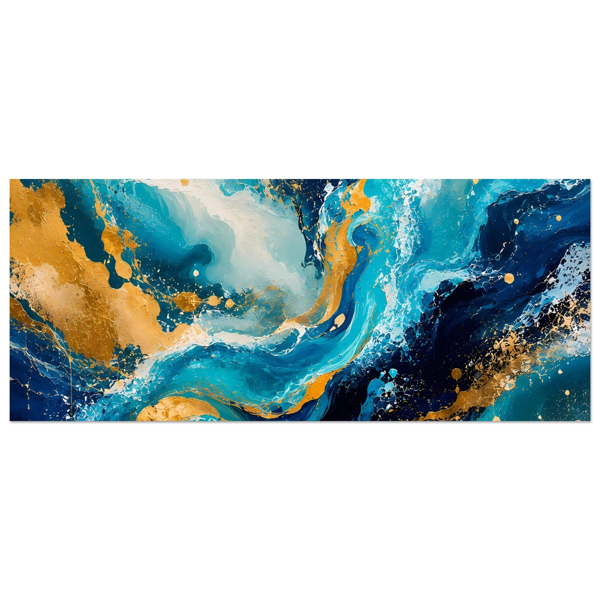 Breites Kunstposter (Querformat) mit Blau-Türkis-Gold abstrakten Wellen und Sprühpunkten